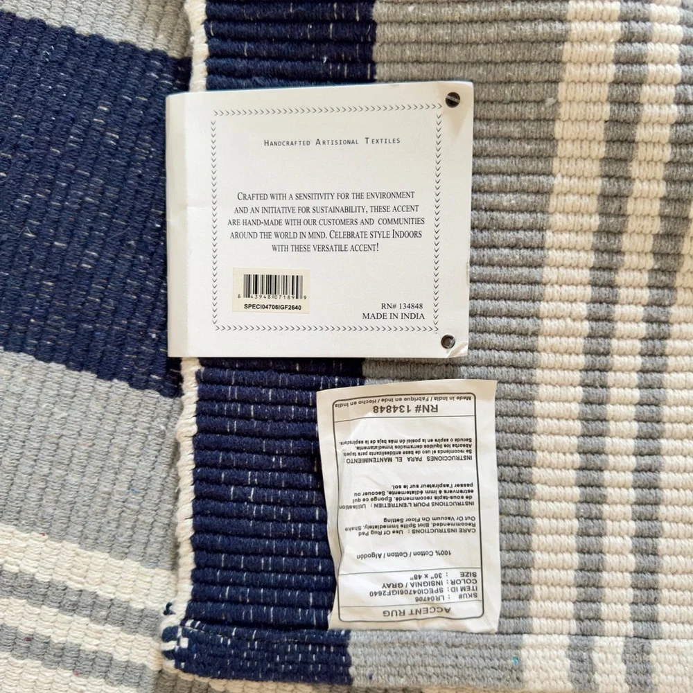 LR HOME 4 Ft. Coastal Cottage Striped Woven Accent Area Rug Navy Blue Grey White